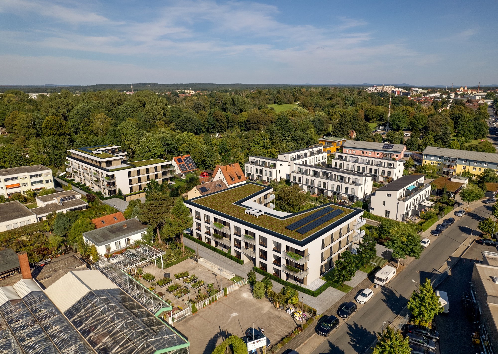 Blick aus der Luft auf die zwei neuen Mehrfamilienhäuser am Marienbergpark